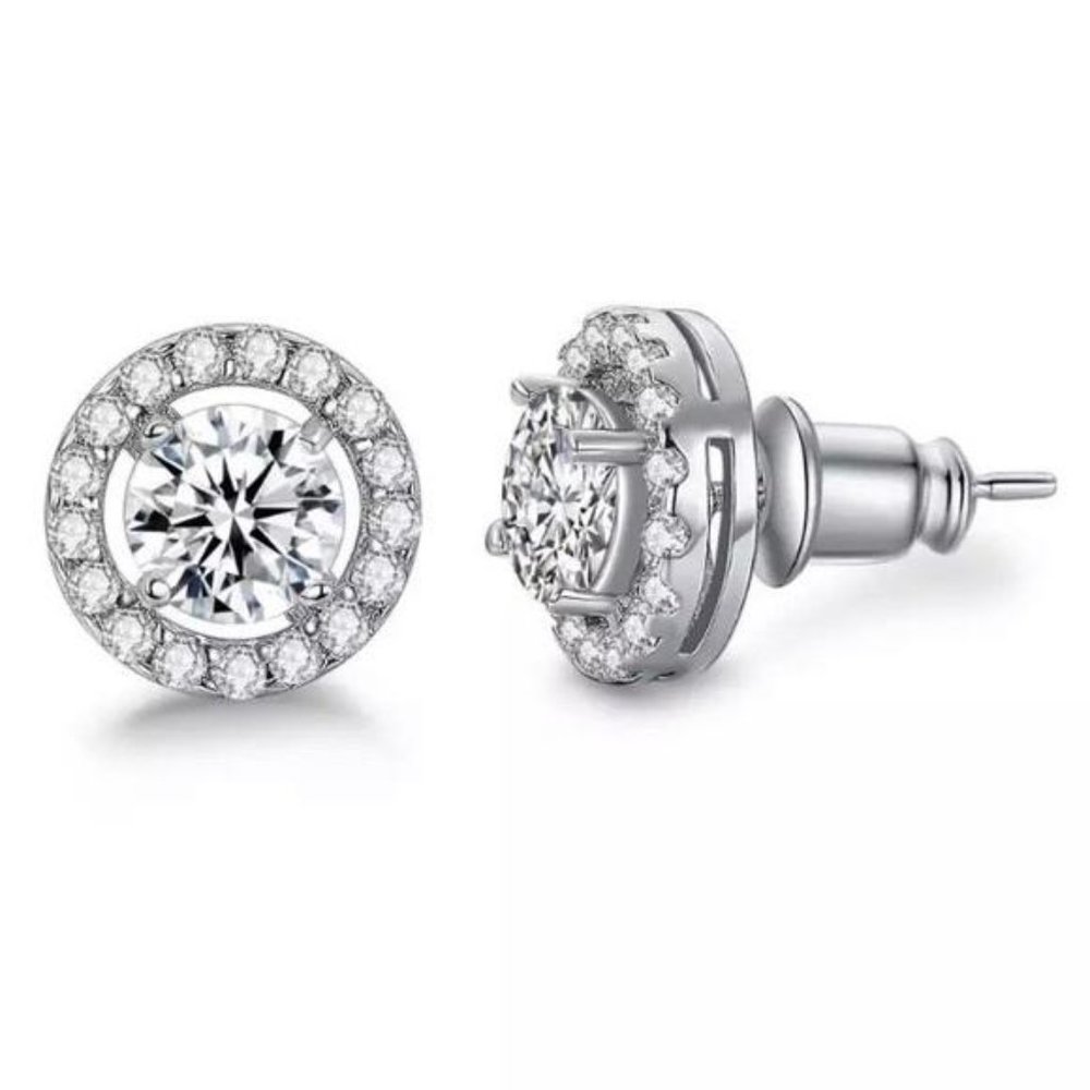 New Round Stud Diamond Sterling Silver Earrings, nice Earrings, cute Earrings - Picture 3 of 4